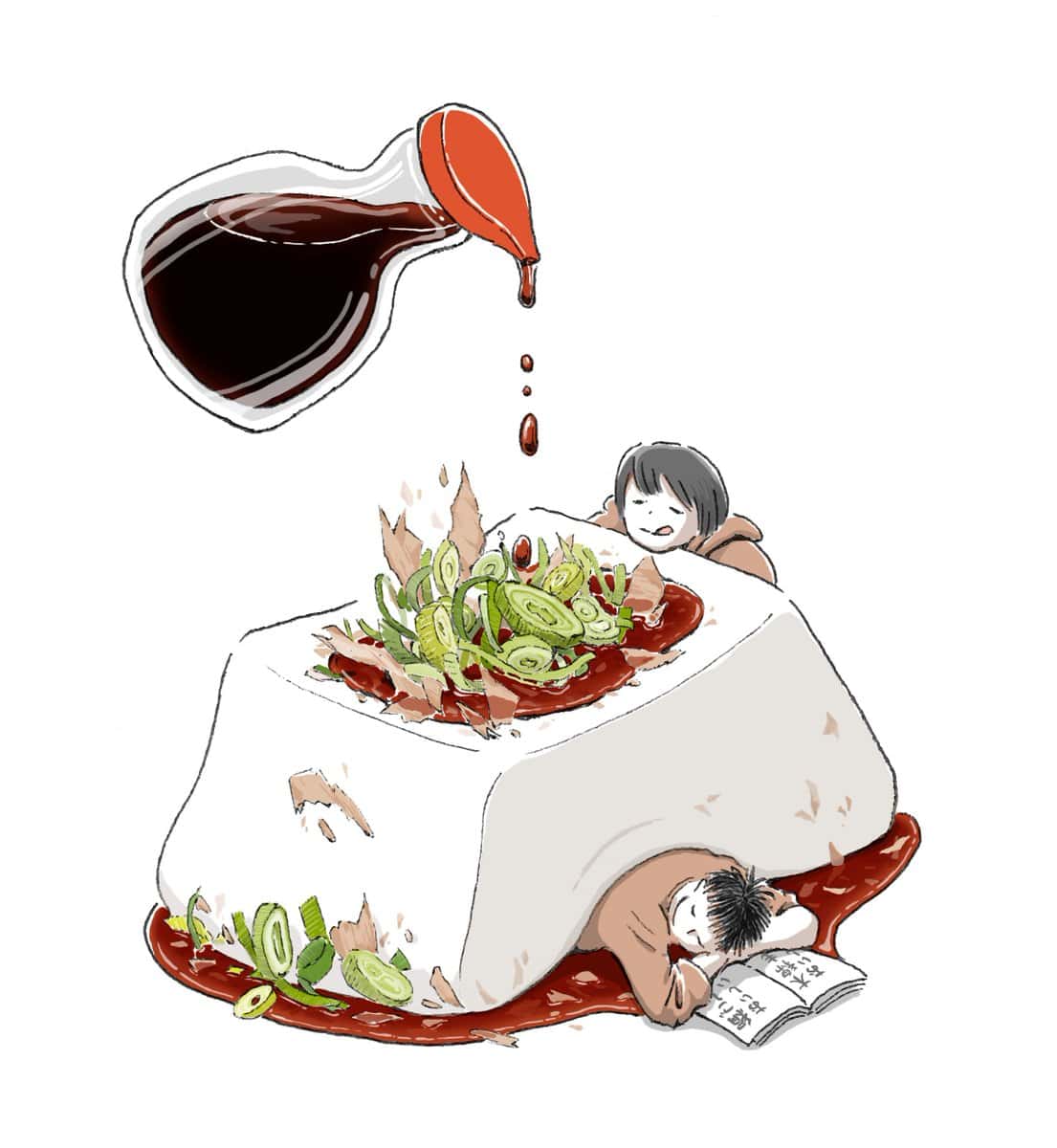 a soft serving of tofu doubles as a kotatsu, a traditional Japanese heated floor table covered with a blanket