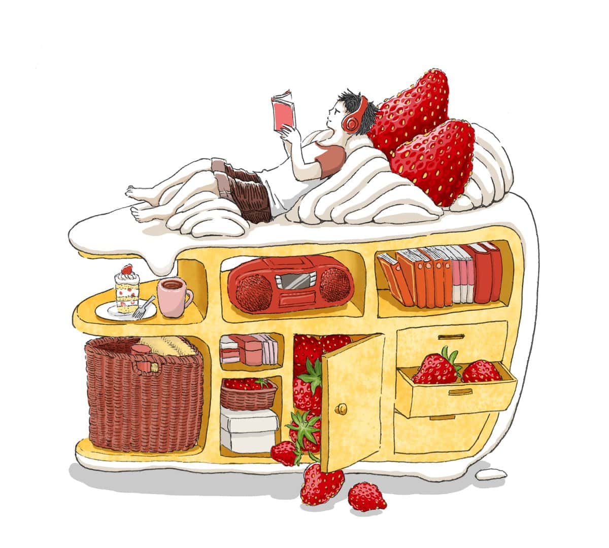 a slice of strawberry shortcake doubles as a young boy’s room