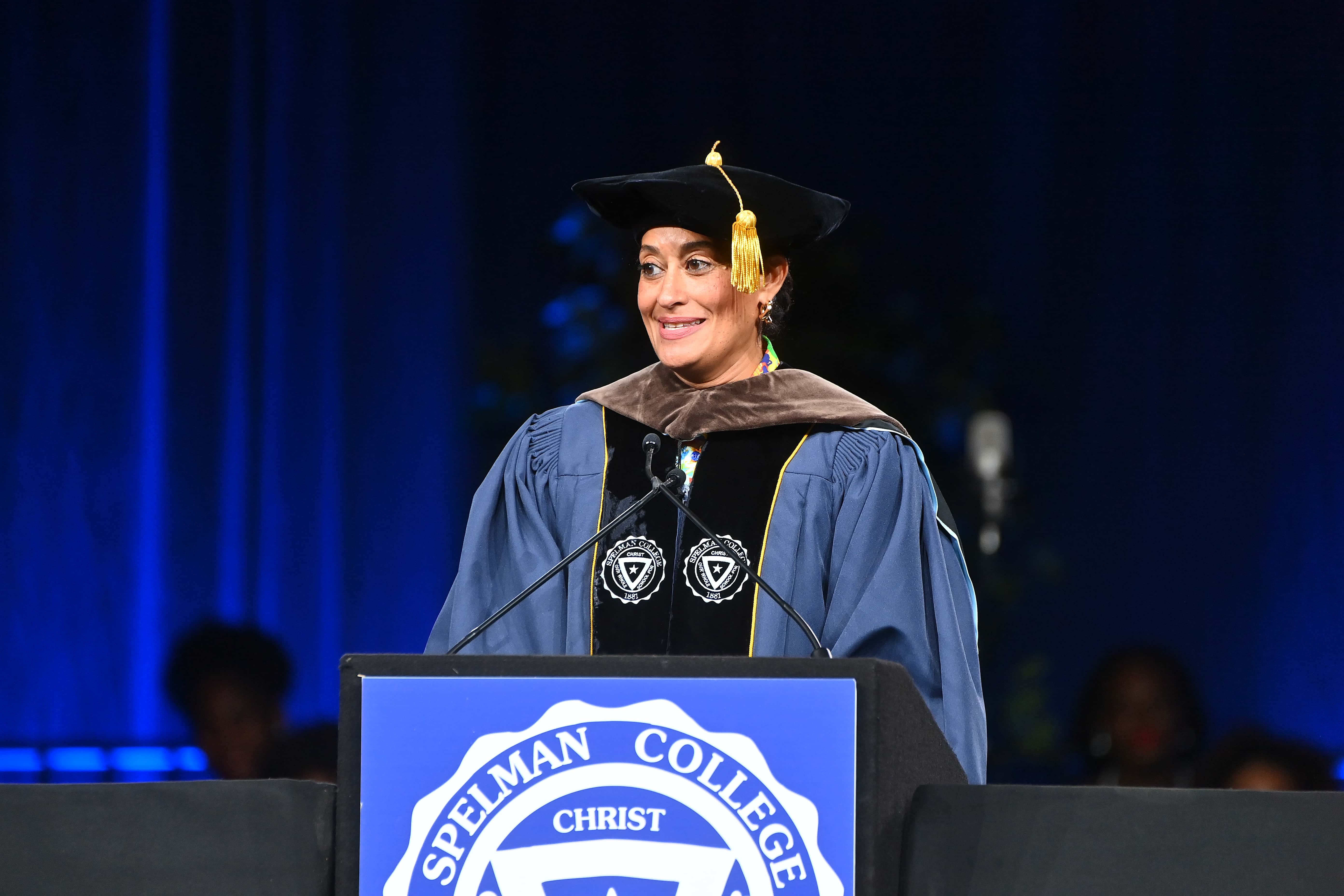 Actress Tracee Ellis Ross speaks onstage during the 2023 136th Spelman College Commencement Ceremony at Georgia International Convention Center on May 21, 2023, in College Park, Georgia. (Photo by Paras Griffin/Getty Images)