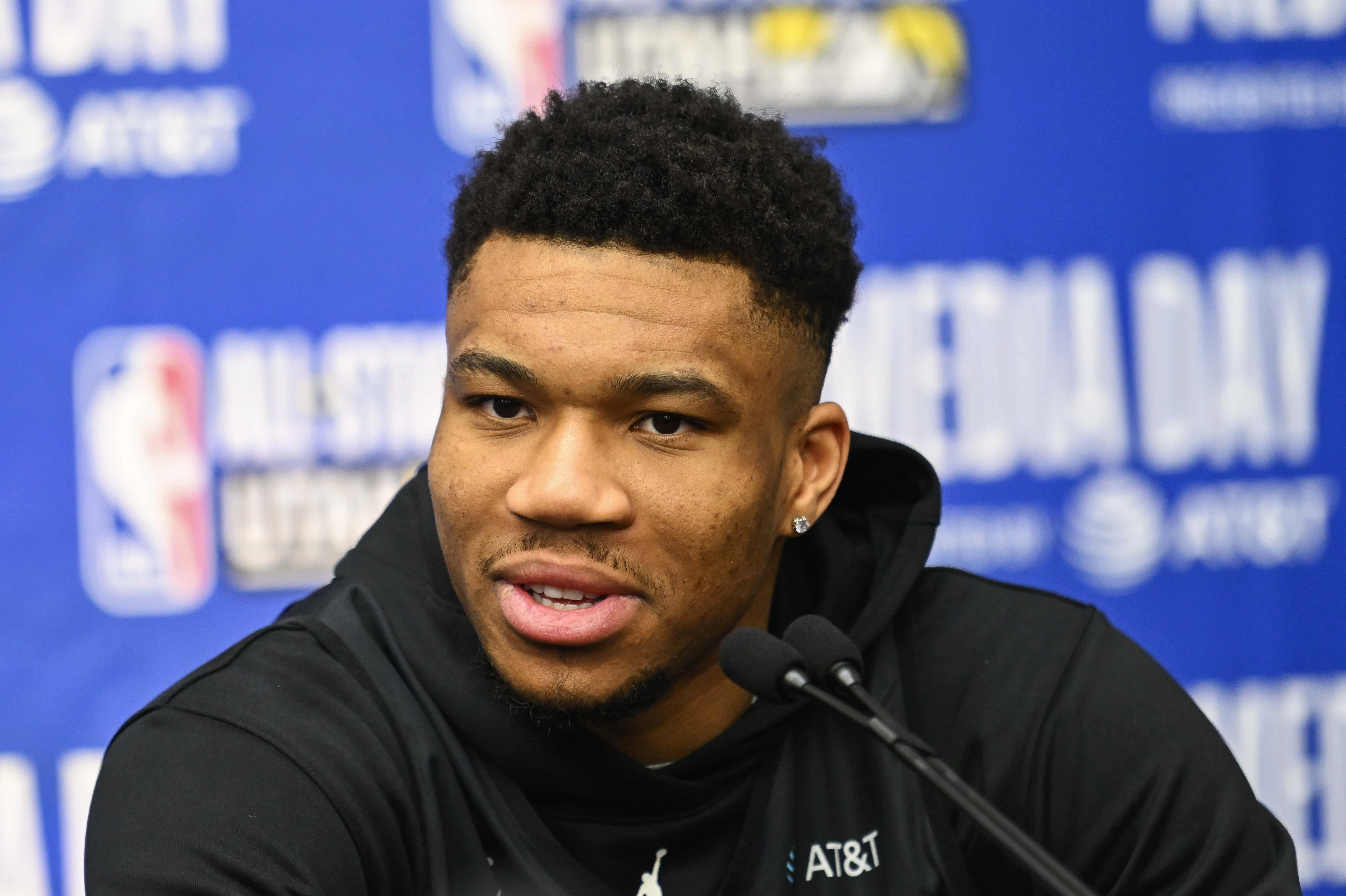 SALT LAKE CITY, UTAH - FEBRUARY 18: Giannis Antetokounmpo of the Milwaukee Bucks speaks during media availability as part of 2023 NBA All Star Weekend on February 18, 2023 in Salt Lake City, Utah. 