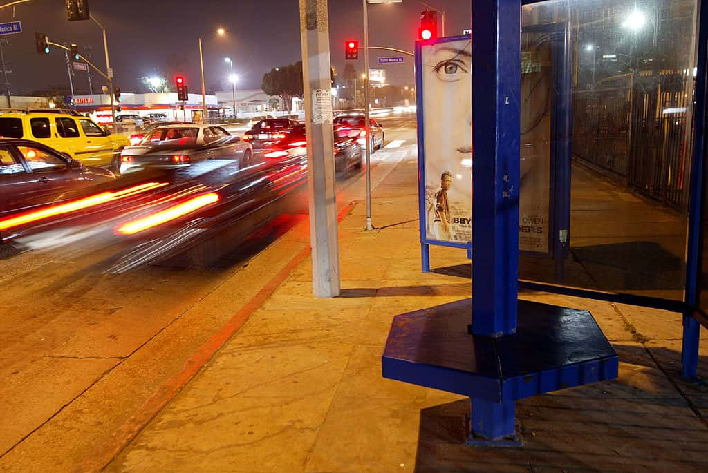 LOS ANGELES, OCTOBER 16: A bus stop bench goes unused as buses remain shutdown by the Metropolitan Transportation Authority (MTA) mechanics strike on October 16, 2003 in Los Angeles, California. (Photo by David McNew/Getty Images)
