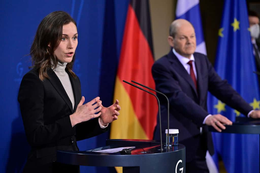 BERLIN, GERMANY - MARCH 16: German Chancellor Olaf Scholz (R) and Finland's Prime Minister Sanna Marin address a press conference before talks at the Chancellery on March 16, 2022 in Berlin, Germany. (Photo by John Macdougall - Pool/Getty Images)
