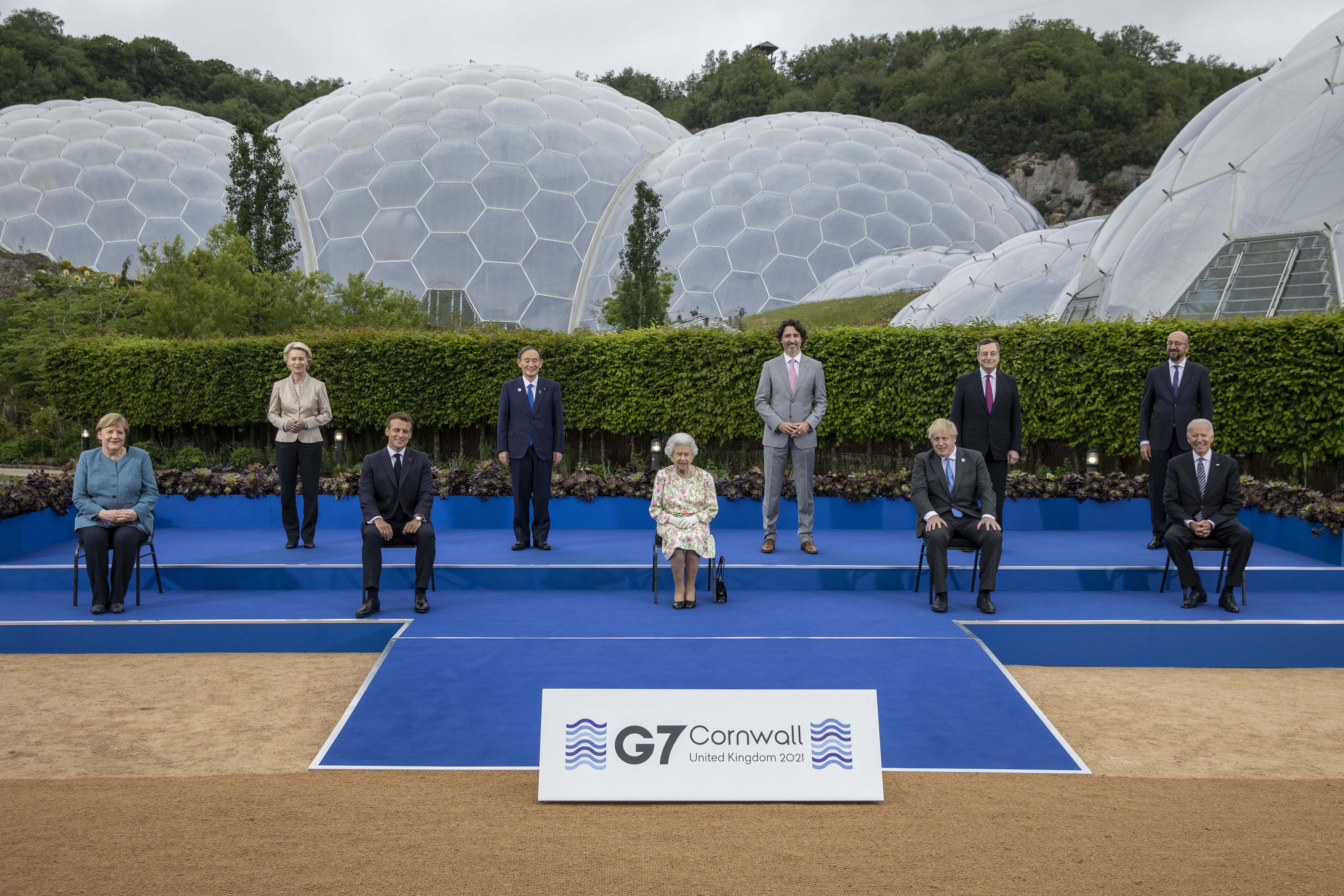 Image Source: World leaders at The Eden Project during the G7 Summit on June 11, 2021 in St Austell, Cornwall, England. (Photo by Jack Hill - WPA Pool / Getty Images)