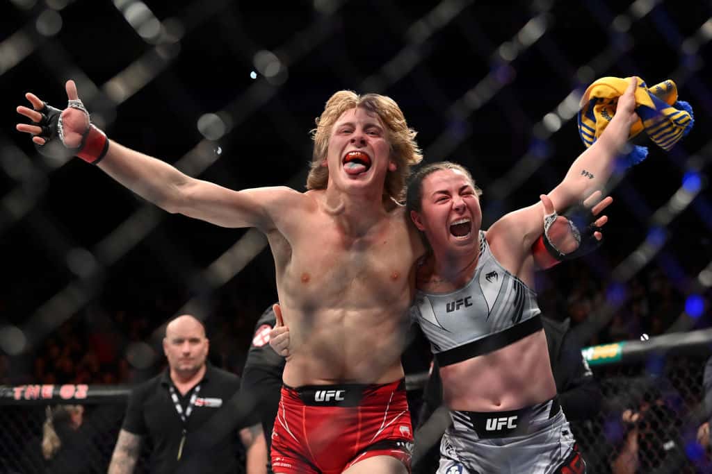 LONDON, ENGLAND - MARCH 19: Paddy Pimblett celebrates with Molly Mccann after defeating Kazula Vargas during UFC Fight Night: Volkov v Aspinall at the The O2 Arena on March 19, 2022 in London, England. (Photo by Justin Setterfield/Getty Images)
