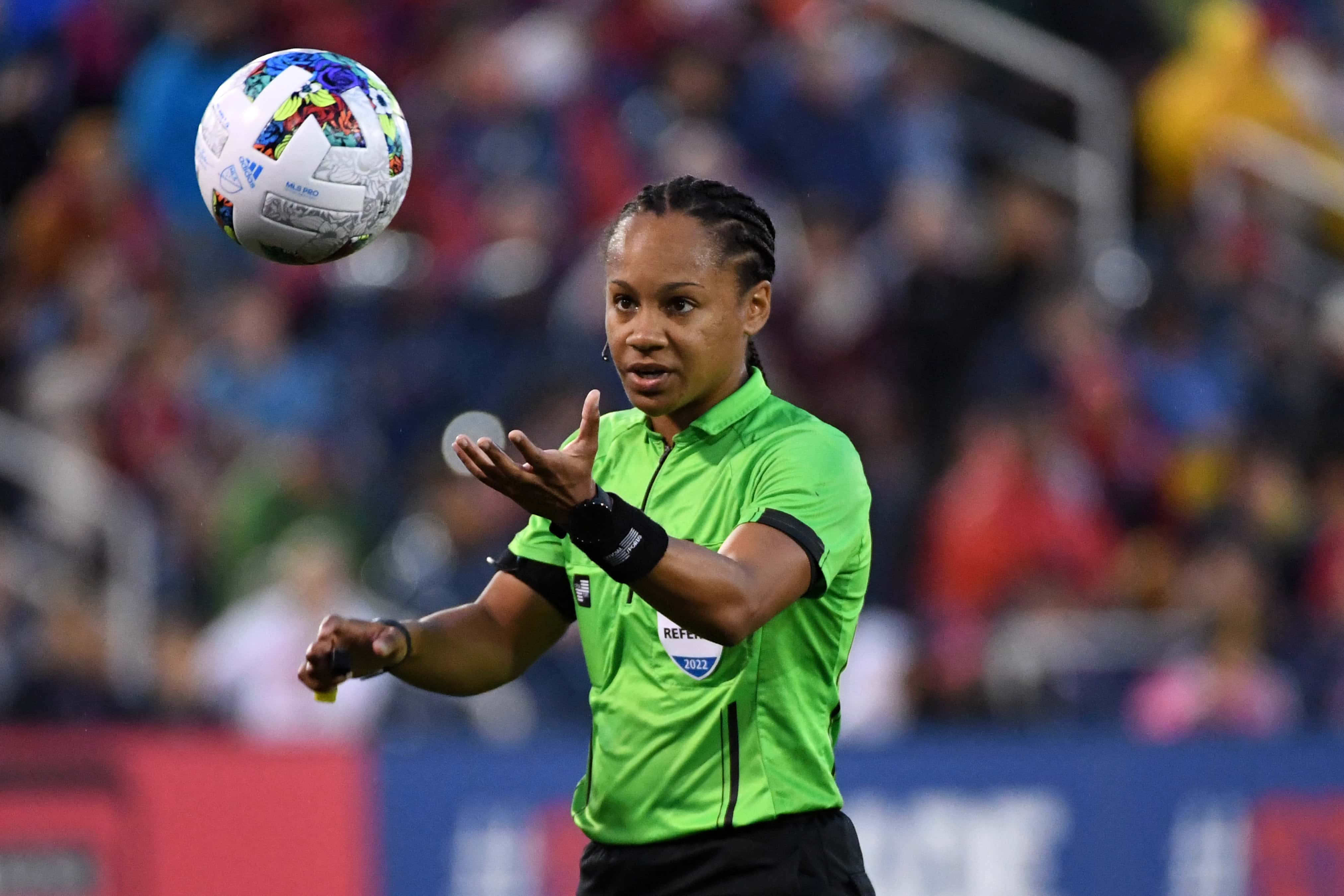 ST. LOUIS, MO - APRIL 24: Referee Natalie Simon during a game between Minnesota Utd 2 and St Louis City 2 at Robert R. Hermann Stadium on April 24, 2022 in St. Louis, Missouri. (Photo by Bill Barrett/ISI Photos/Getty Images)
