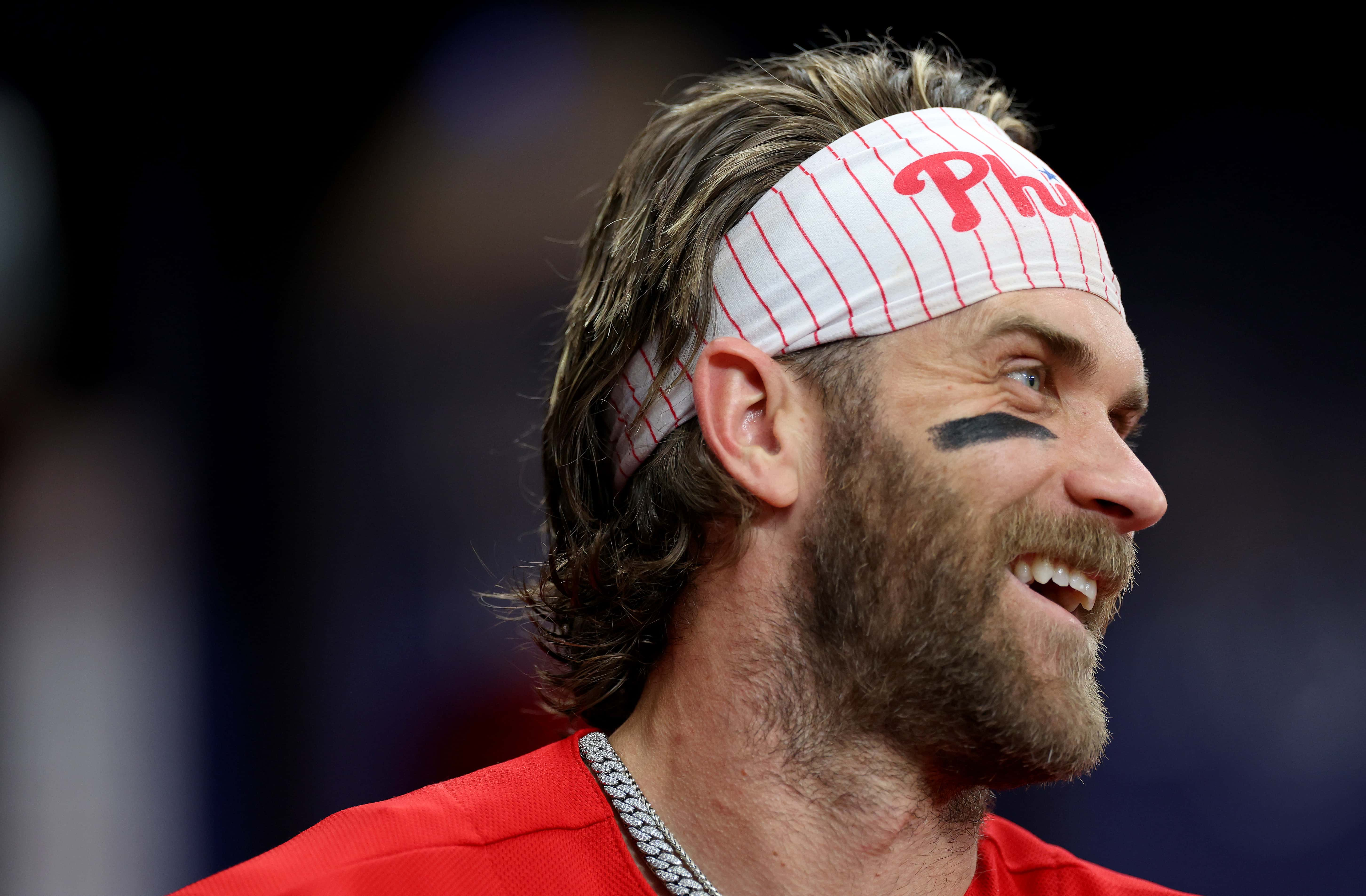 Bryce Harper #3 of the Philadelphia Phillies looks on during a game against the Tampa Bay Rays at Tropicana Field on July 06, 2023 in St Petersburg, Florida. (Photo by Mike Ehrmann/Getty Images)