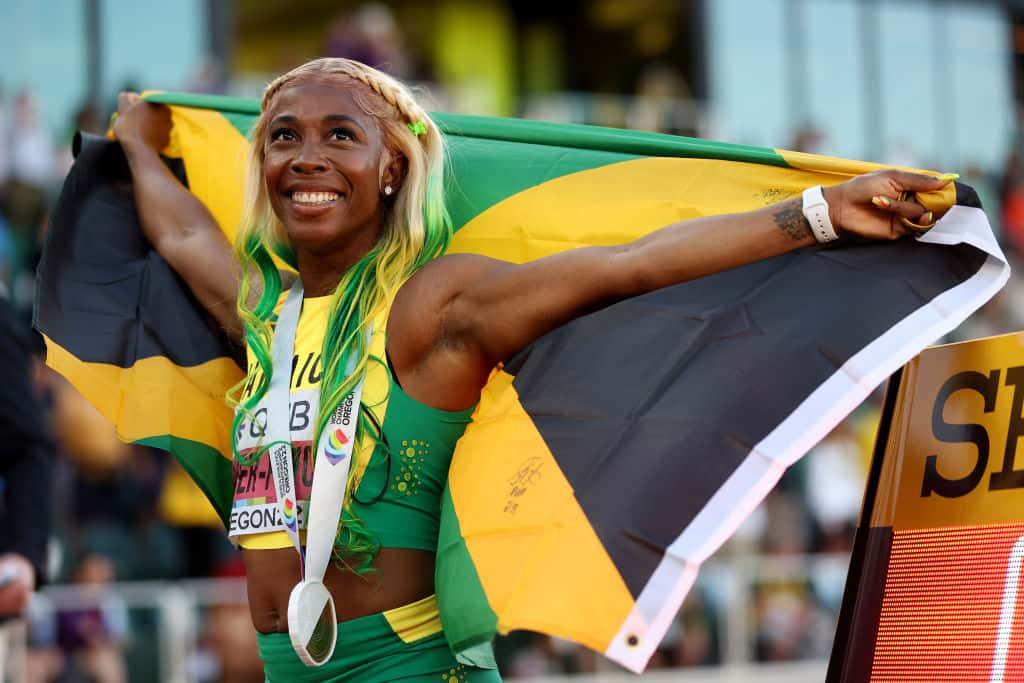 EUGENE, OREGON - JULY 17: Shelly-Ann Fraser-Pryce of Team Jamaica celebrates after winning gold the Women's 100m Final on day three of the World Athletics Championships Oregon22 at Hayward Field on July 17, 2022 in Eugene, Oregon. (Photo by Christian Petersen/Getty Images)
